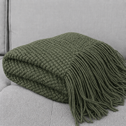 Knit Textured 50"x60" Throw Blanket with Fringe: Willow Green