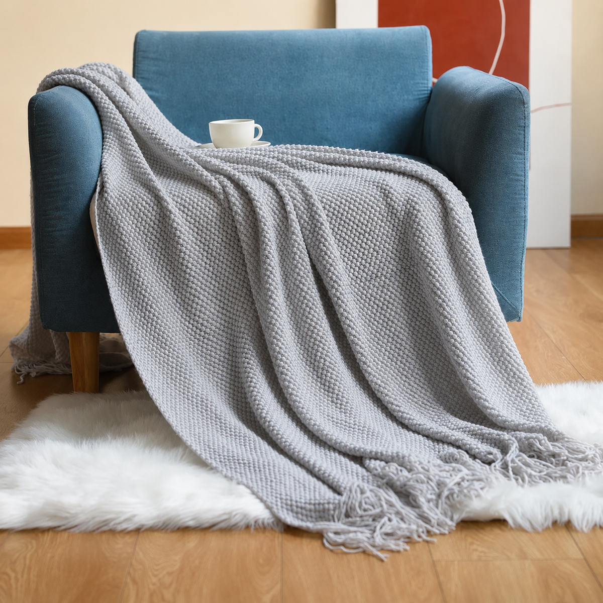 Knit Textured 50"x60" Throw Blanket with Fringe: Willow Green