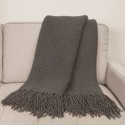Knit Textured 50"x60" Throw Blanket with Fringe: Navy Blue