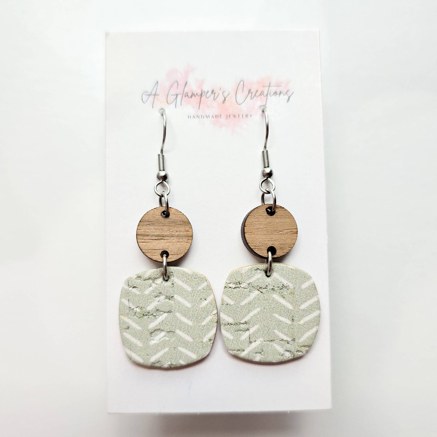 Sage Broken Chevron Dangle Wood & Leather Earrings